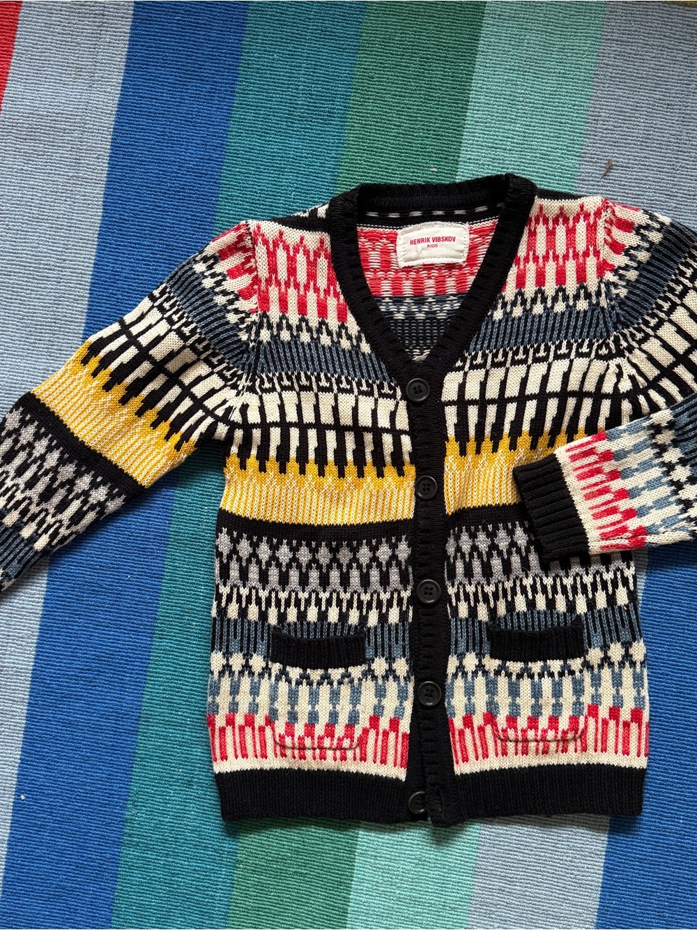 Kids Multicolor Patterned Cardigan Sweater - Black Trim